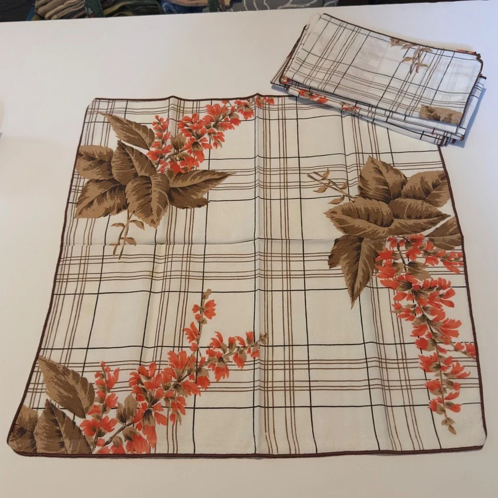 Vintage Fall Floral Plaid Cloth Napkins Set of 5 Orange Brown Cream 16x16